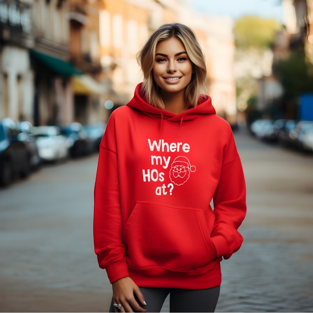 Where My HOs At Hoodie – Red Pullover with White Holiday Graphic for Festive Fun